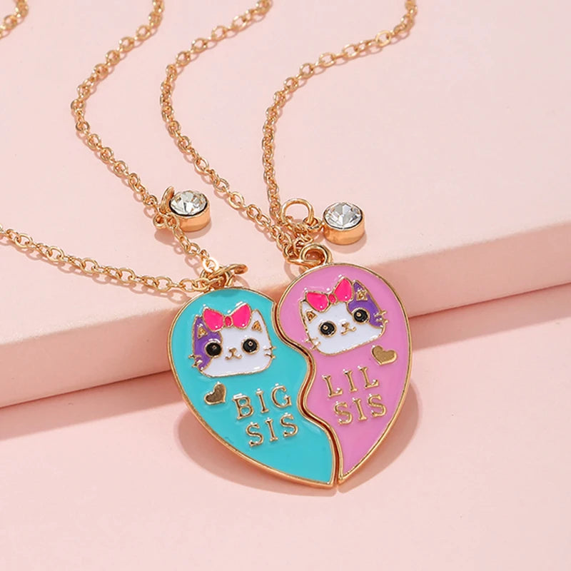 2PCS/Set Cute Cat Heart Pendant Chain Best Friends Sisters BFF Necklace Friendship Jewelry Gift for Girls