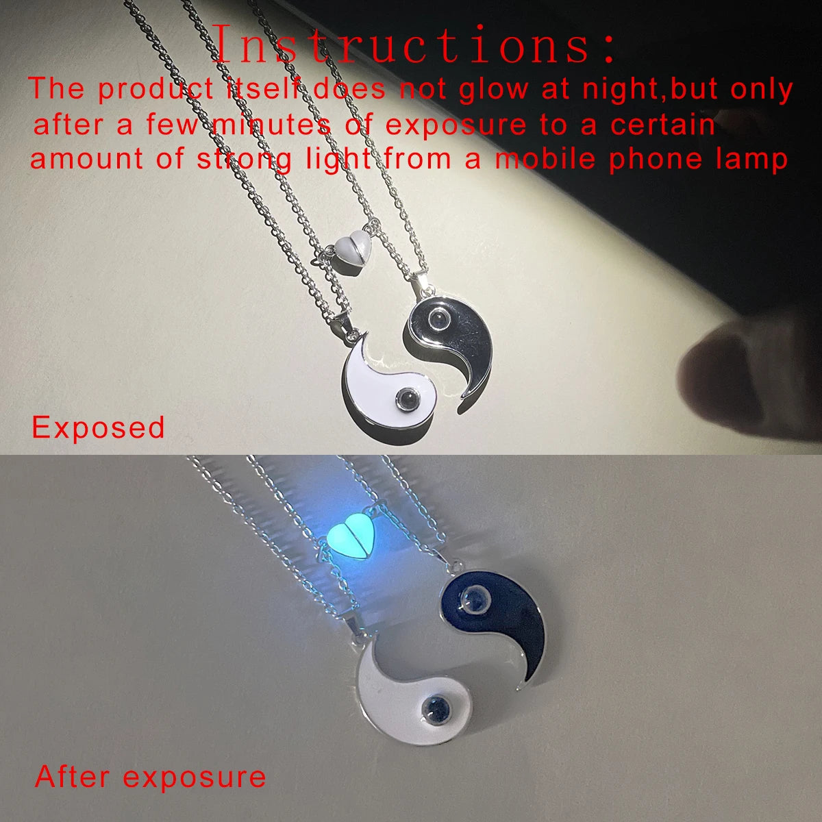 2 pieces/set Luminous peach heart black and white Yin and Yang gossip couple necklace