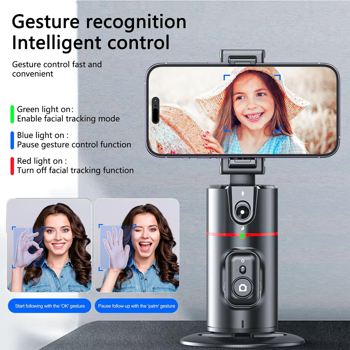 Suporte de telefone com rotação automática de 360 graus, rastreamento facial, dobrável, operação por gestos para smartphone móvel, vlog, transmissão ao vivo