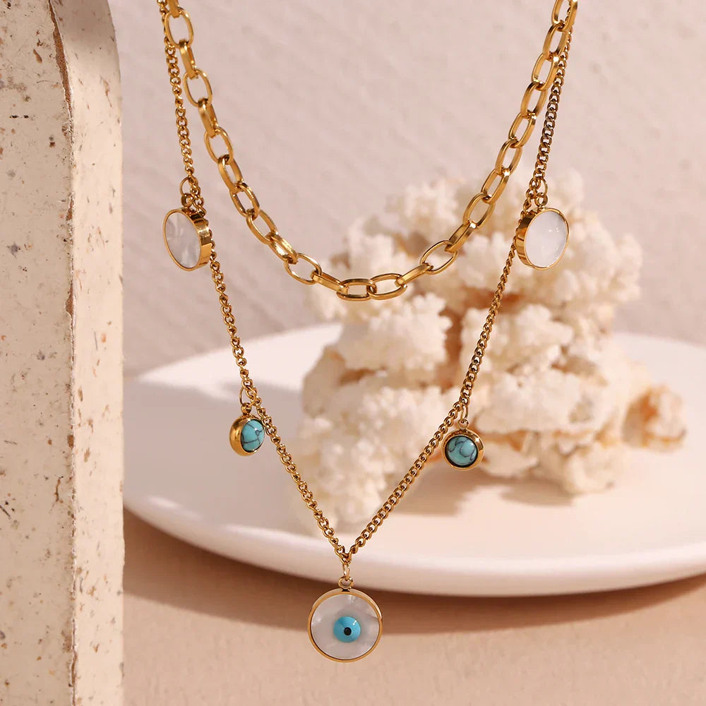 Colar Duplo Olho Turquesa em Ouro 18K