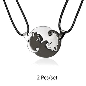 2 Pcs/set Cute Black And White Cat Pendant Stainless Steel Cat Embrace Couple Necklace Jewelry Gift For Men And Women Pendant