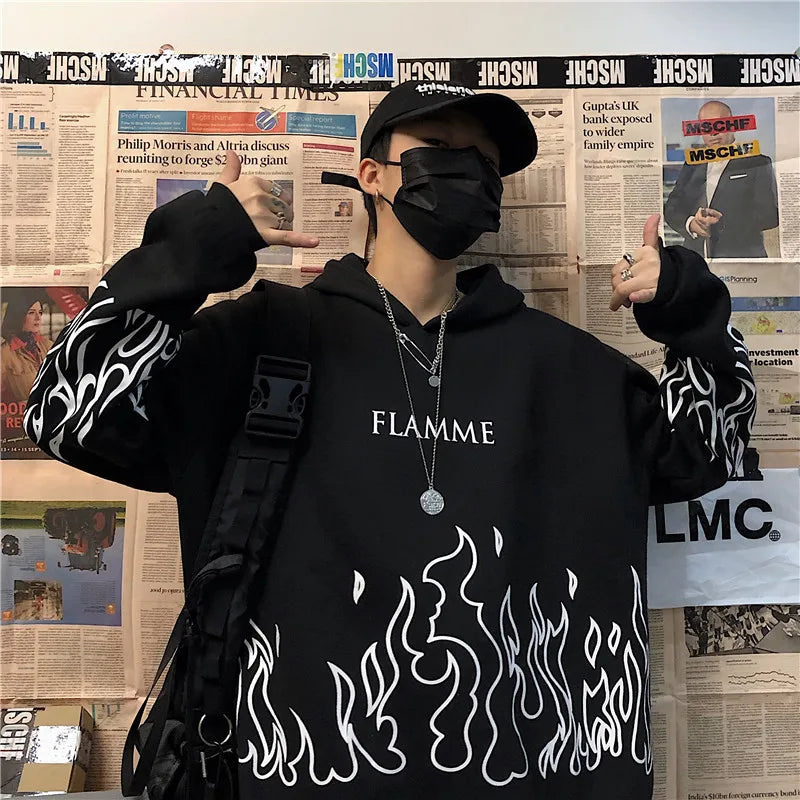 Moletom flame harajuku casual moda oversized hoodies y2k streetwear vintage sweatshirts