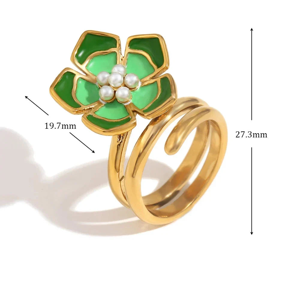 Anel Flor Esmaltada Banhado a Ouro 18K
