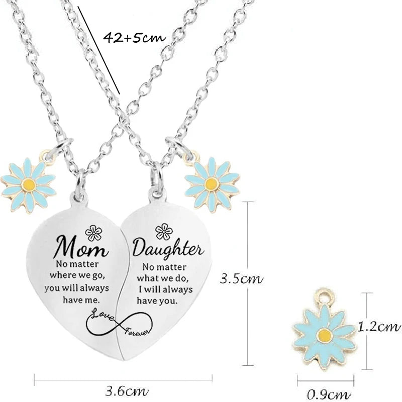 2 Pcs Daisy Charm Mother Daughter Heart Matching Pendant Necklace Set Stainless Steel Jewelry Gifts For Mom