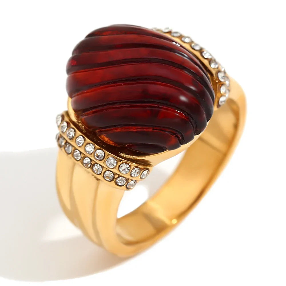 Anel Oval de Acrílico com Zircônia e Aço Inoxidável