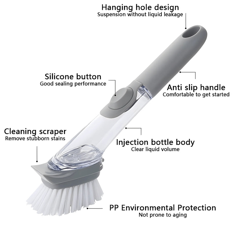 Escova portátil 2 em 1 para limpeza de cozinha, alça longa, dispensador de sabão, ferramentas de limpeza, tigela, esponja, máquina de lavar louça