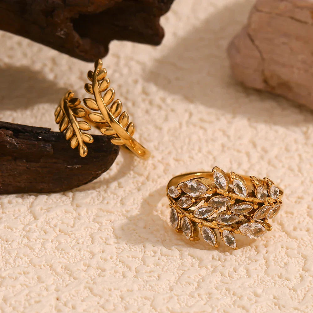 Anel Folha de Zircônia Banhado a Ouro 18K