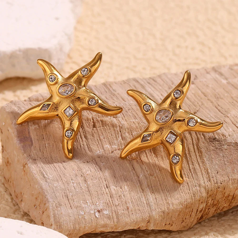 Brincos Estrela do Mar em Aço Inoxidável com Zircônias
