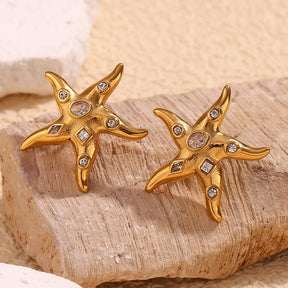Brincos Estrela do Mar em Aço Inoxidável com Zircônias
