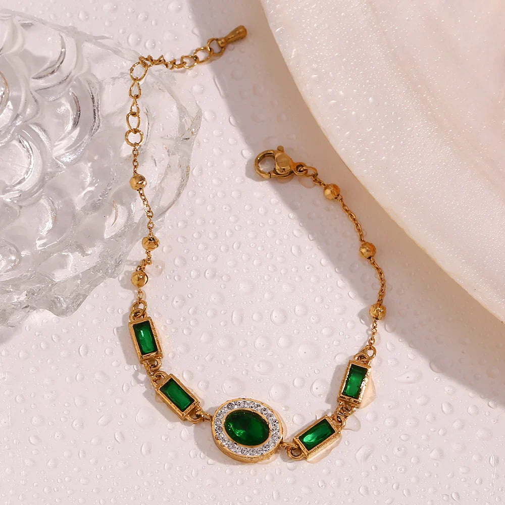 Pulseira Oval Verde com Zircônia Banhada a Ouro 18K