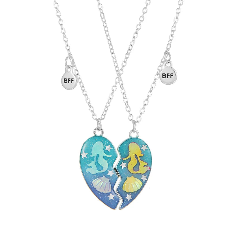 2Pcs/set Ocean Mermaid Shell BFF Necklace Broken Heart Shaped Pendant Necklaces for Girls Best Friend Jewelry Friendship Gift
