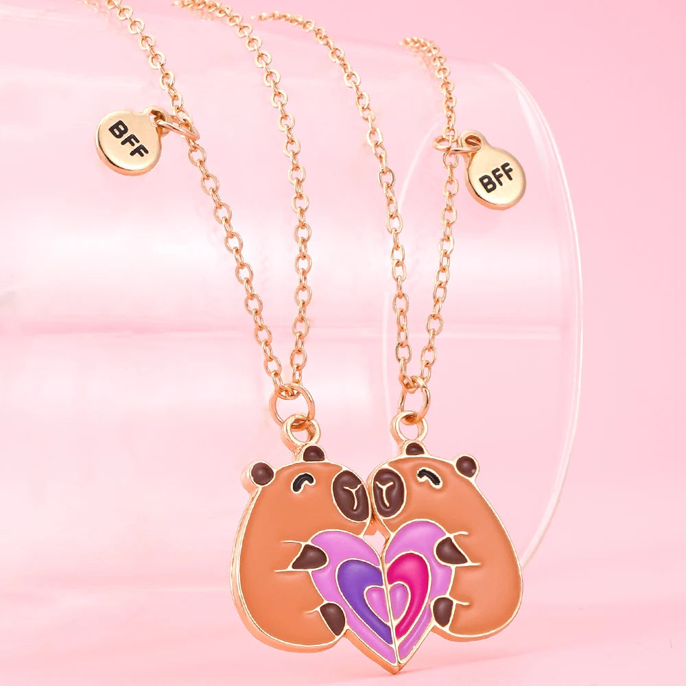 Qpeach 2Pcs/set Cute Cartoon Capybara Pendant Best Friend Girl BFF Necklace for Besties Friendship Jewelry Gifts