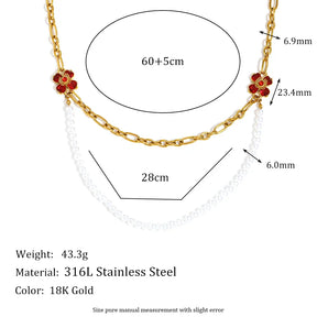 Colar Duplo de Pérolas e Flores em Ouro 18K Hipoalergênico