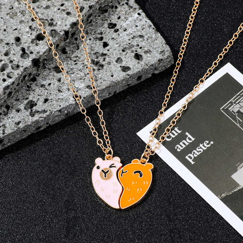 Cute Animal Heart Pendant Necklace Patchwork Metal Charm Jewelry for Men & Women Best Friend Gift