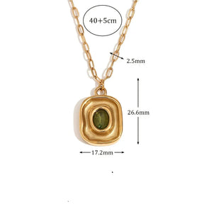 Colar Oval de Zircônia Verde com Corrente de Aço Inoxidável