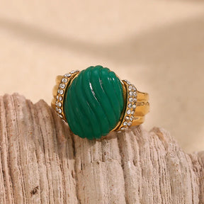 Anel Oval de Acrílico com Zircônia e Aço Inoxidável