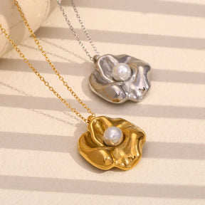 Colar Pingente Flor de Pérola Elegante em Aço Inoxidável 18K