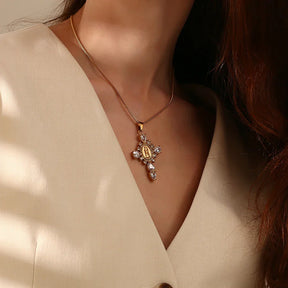 Colar Cruz Virgem Maria com Zircônia e Aço Inoxidável