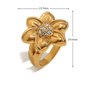 Anel Flor Elegante com Zircônias em Ouro 18K