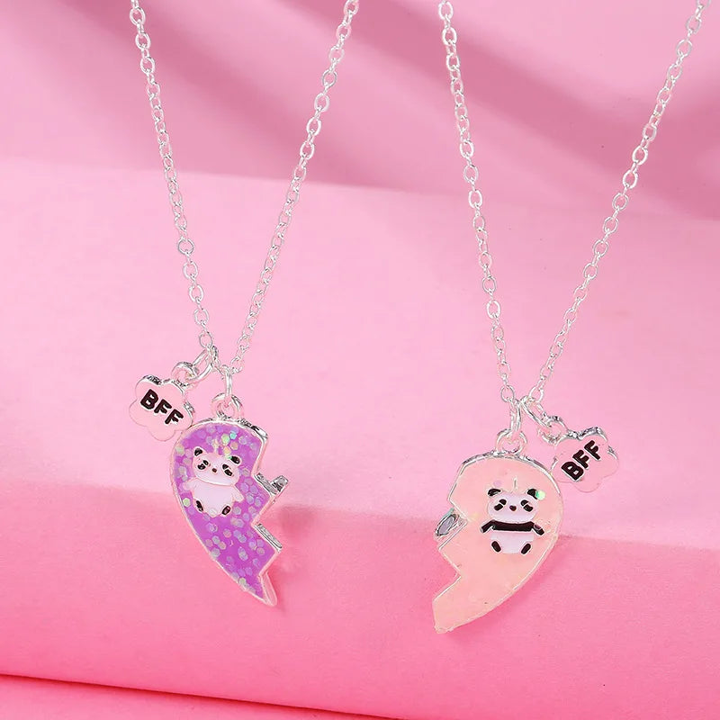 2PCS/Set Panda Heart Broken Pendant Necklace BFF Couple Jewelry for Girls Fashion Friendship Best Friends Gifts