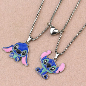 Cute Cartoon Stitch Couple Necklace Stainless Steel Heart Pendant Neck Chain Lovers Best Friends Jewelry Gift