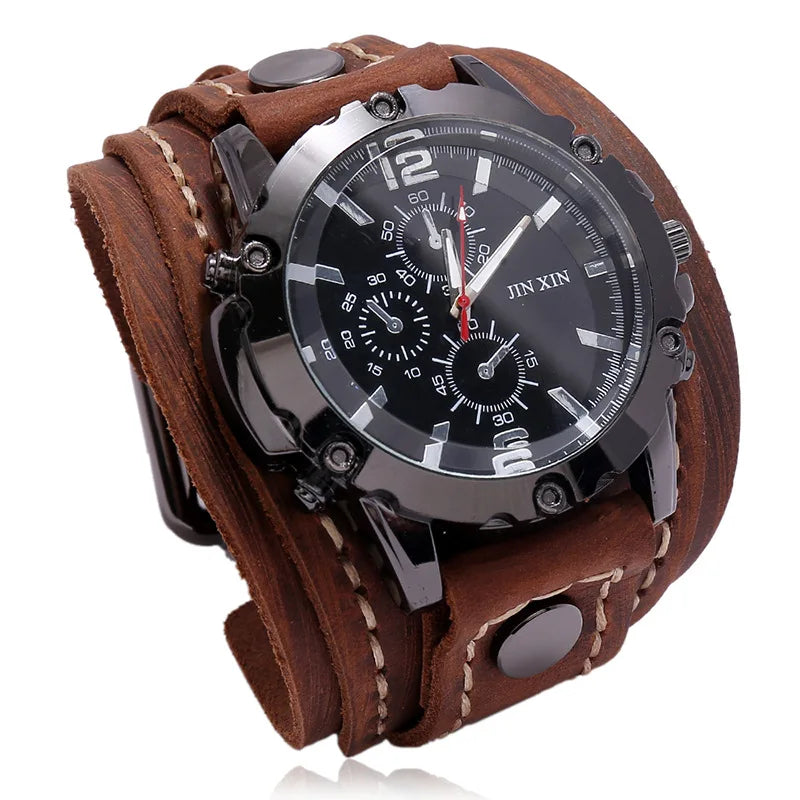 Relógio Masculino com Pulseira Larga de Couro - Estilo PUNK