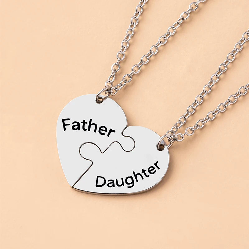 2 Pcs/Set Father Daughter Mother Son Necklace Stainless Steel Heart Puzzle Pendant Necklace Family Jewelry
