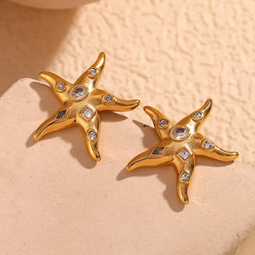 Brincos Estrela do Mar em Aço Inoxidável com Zircônias