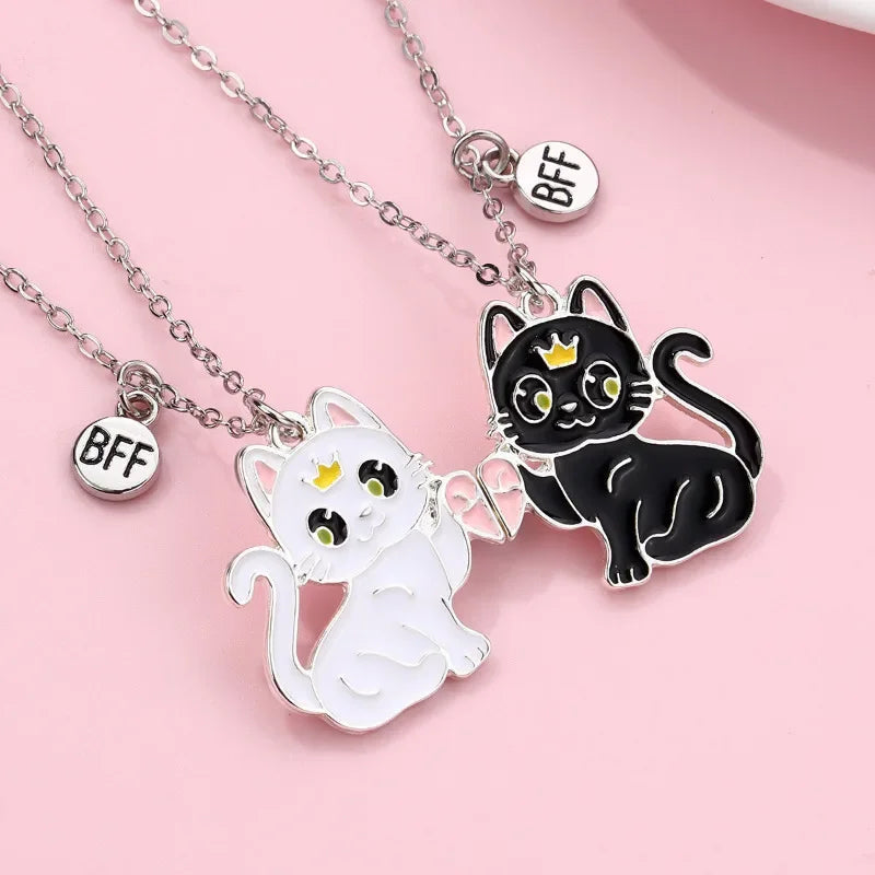 Lovecryst 2Pcs/set Cartoon Animal Alloy Cat Best Friend Necklace BFF Friendship Jewelry Gifts for Kids