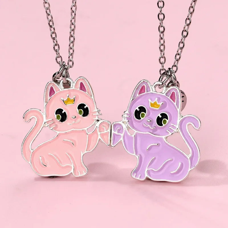 Lovecryst 2Pcs/set Cartoon Animal Alloy Cat Best Friend Necklace BFF Friendship Jewelry Gifts for Kids