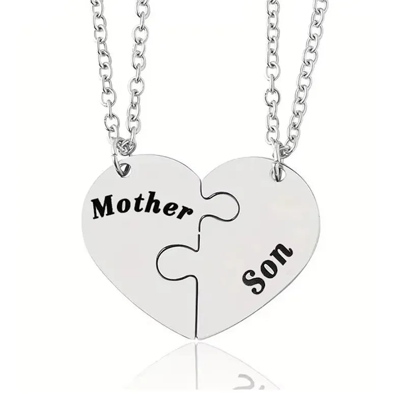 2 Pcs/Set Father Daughter Mother Son Necklace Stainless Steel Heart Puzzle Pendant Necklace Family Jewelry