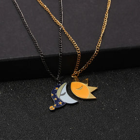 2pcs Couple Sun and Moon Splicing Necklace Good Night Expression Pendant Necklace Valentine's for Men Women Jewelry Accessories