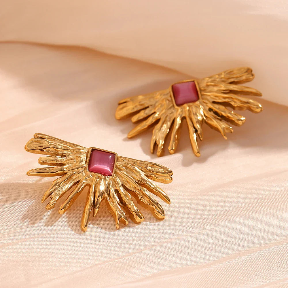 Brincos Elegantes de Ágata Vermelha e Ouro