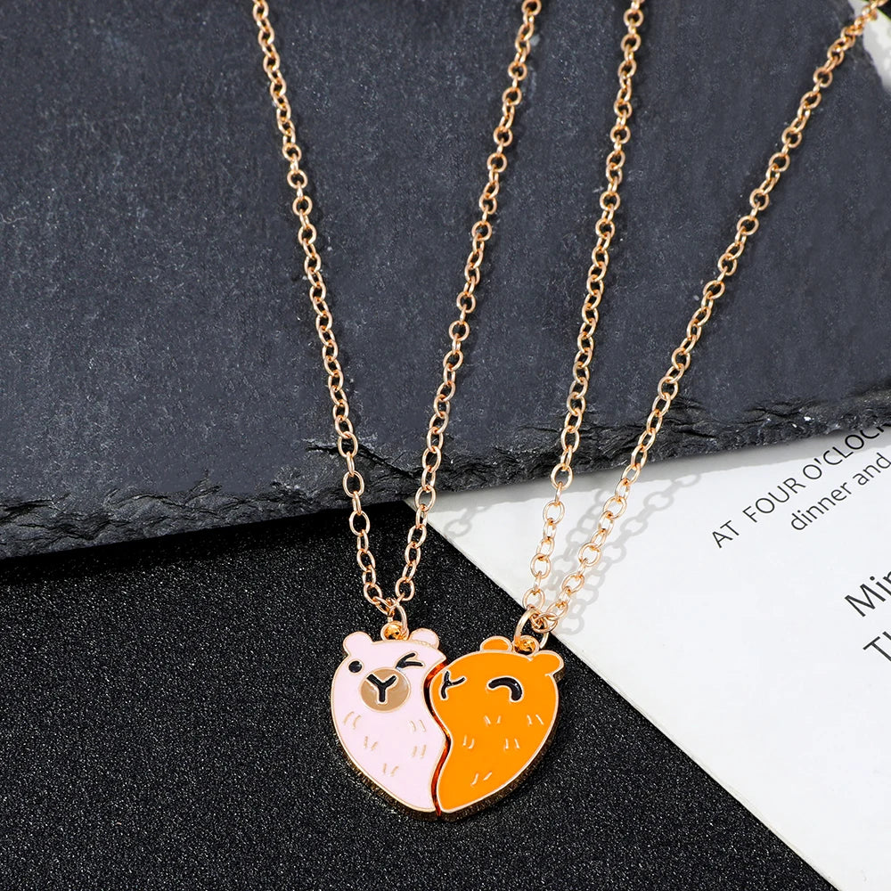 Cute Animal Heart Pendant Necklace Patchwork Metal Charm Jewelry for Men & Women Best Friend Gift