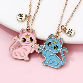 Lovecryst 2Pcs/set Cartoon Animal Alloy Cat Best Friend Necklace BFF Friendship Jewelry Gifts for Kids