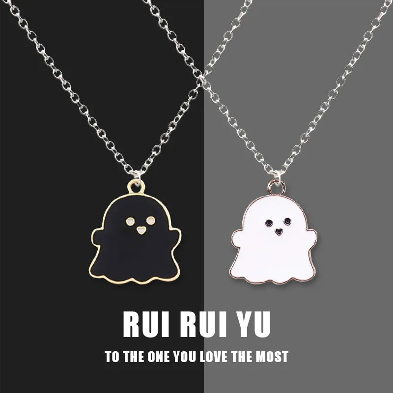 2Pcs Cute Black And White Ghost Pendant Necklaces For Women Men Best Friend Lovely Ghost Pendant Couple Necklace Fashion Jewelry