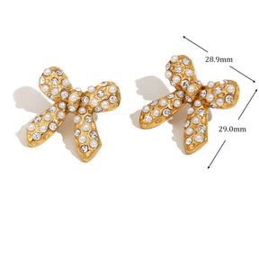 Brincos Elegantes de Laço com Zircônia e Pérolas