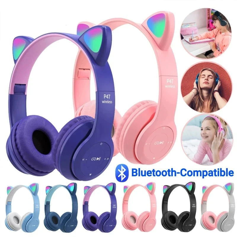 Fones de ouvido sem fio p47m, lanterna, orelhas de gato, telefone com controle de microfone, led, música estéreo, capacete, fone de ouvido bluetooth, presente kids