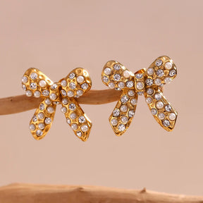 Brincos Elegantes de Laço com Zircônia e Pérolas