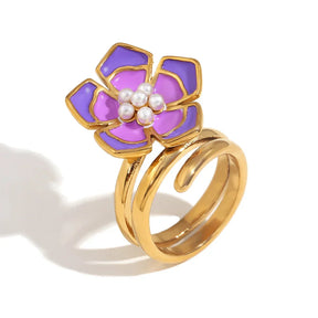 Anel Flor Esmaltada Banhado a Ouro 18K