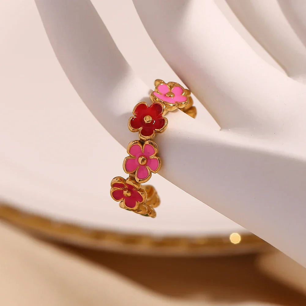 Anel Flor Colorida em Aço Inoxidável com Zircônia