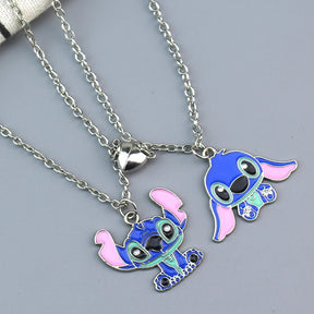 Cute Cartoon Stitch Couple Necklace Stainless Steel Heart Pendant Neck Chain Lovers Best Friends Jewelry Gift