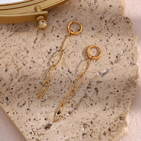 Brincos Elegantes de Ouro 18K com Corrente Oval