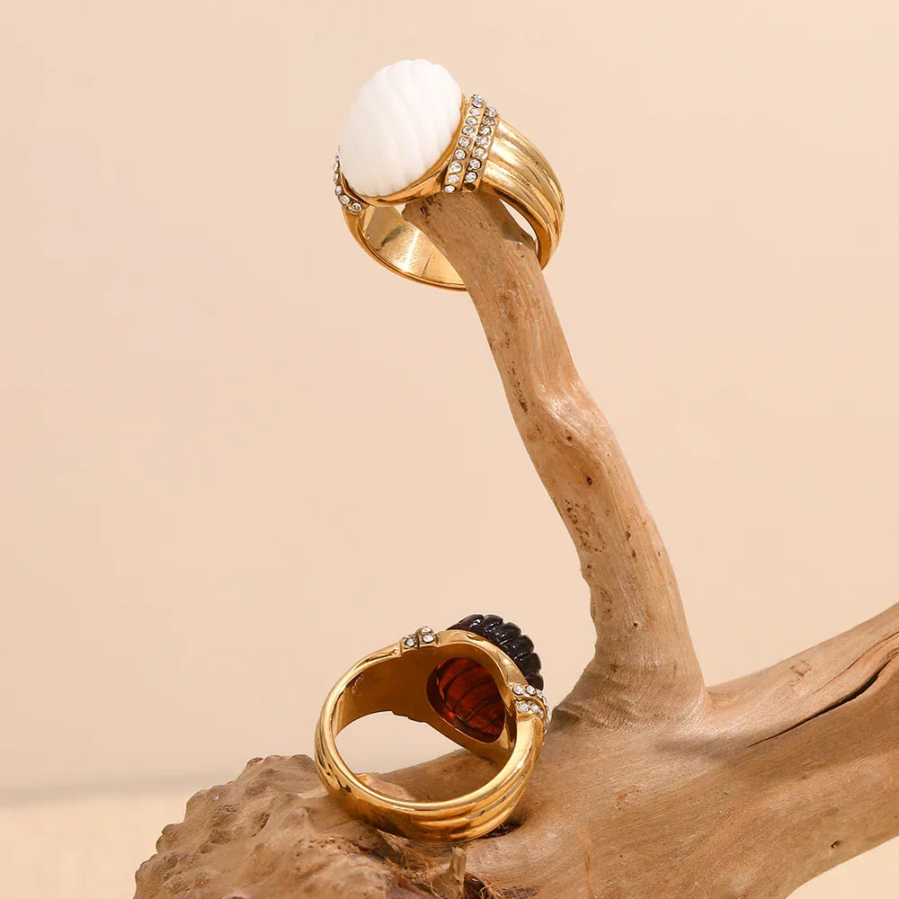Anel Oval de Acrílico com Zircônia e Aço Inoxidável