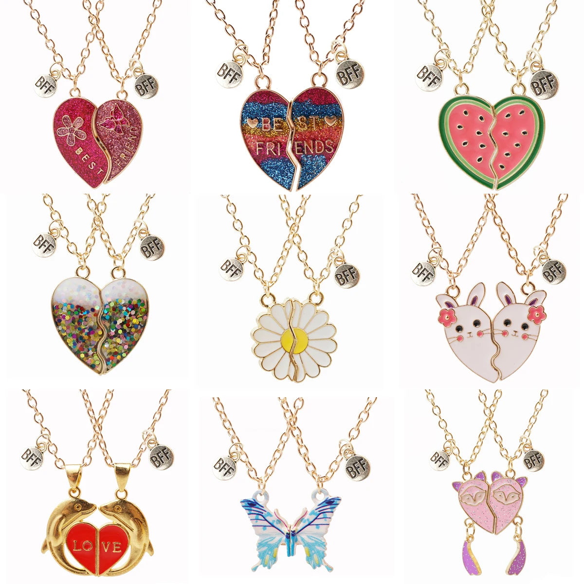 2 Pcs/set Best Friends Pendant Necklace For Woman Magnetic Adjustable Rainbow Daisy Lover Broken Heart Chain BFF Jewelry Gifts