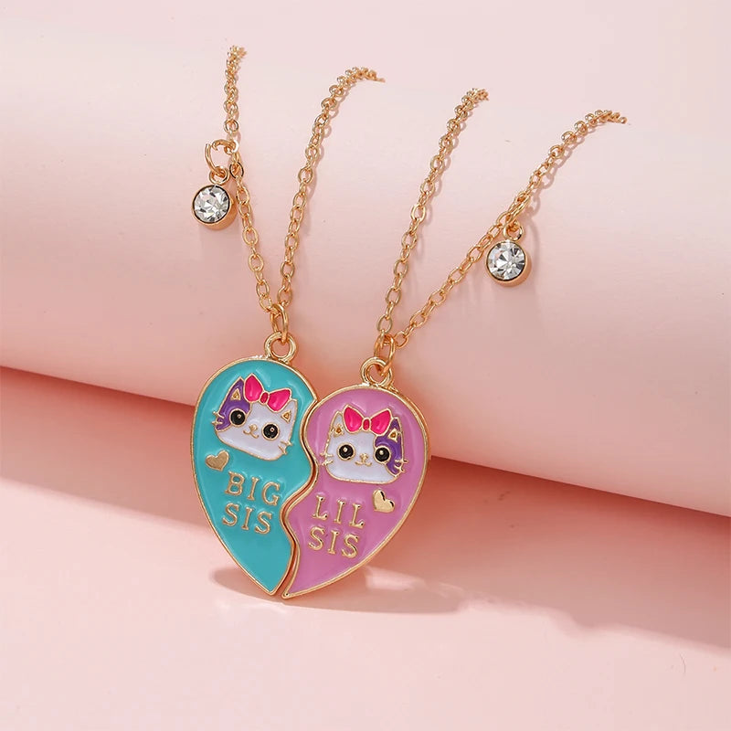 2PCS/Set Cute Cat Heart Pendant Chain Best Friends Sisters BFF Necklace Friendship Jewelry Gift for Girls