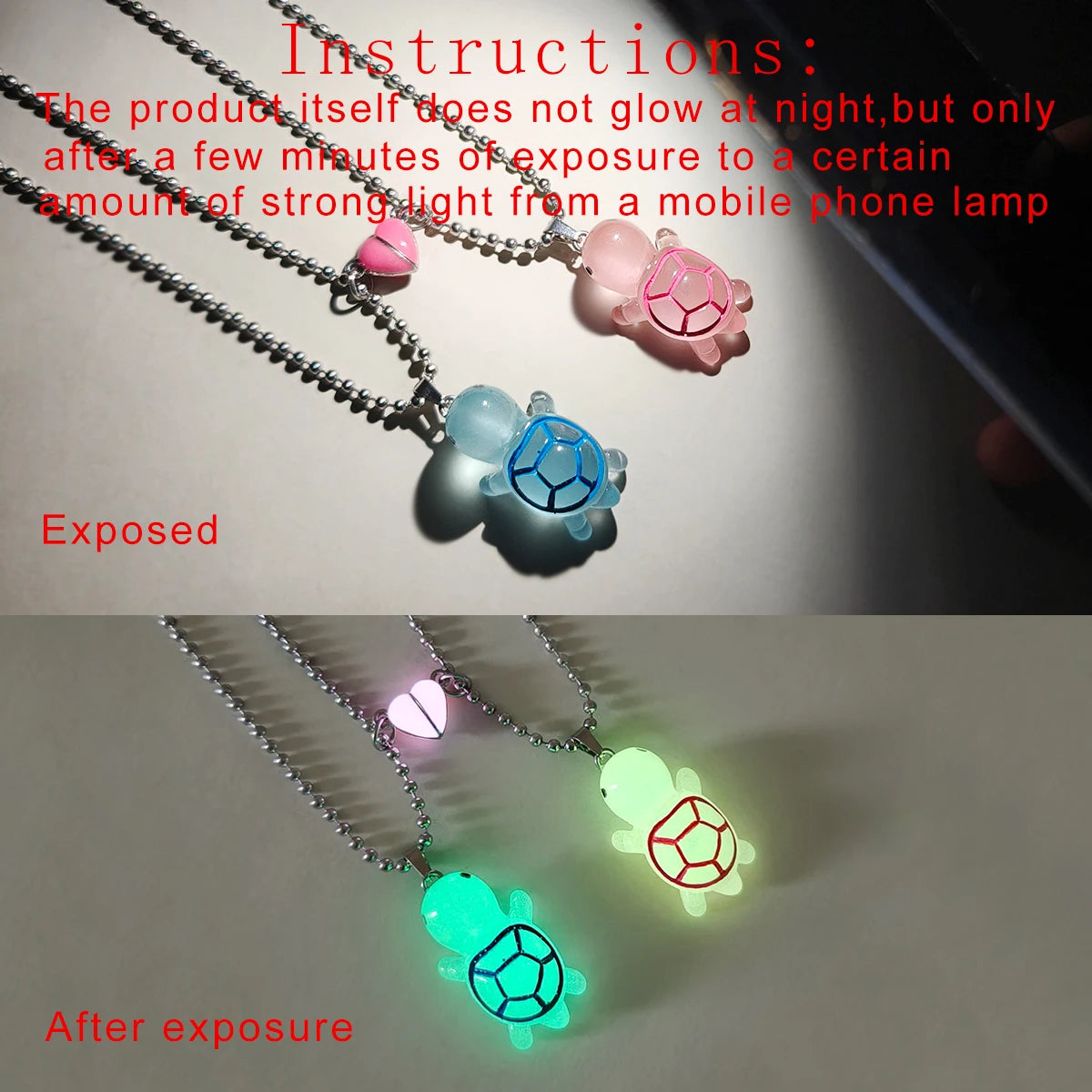 2 pieces/set Luminous pink peach heart glow-in-the-dark turtle couple necklace ladies fashion gift jewelry