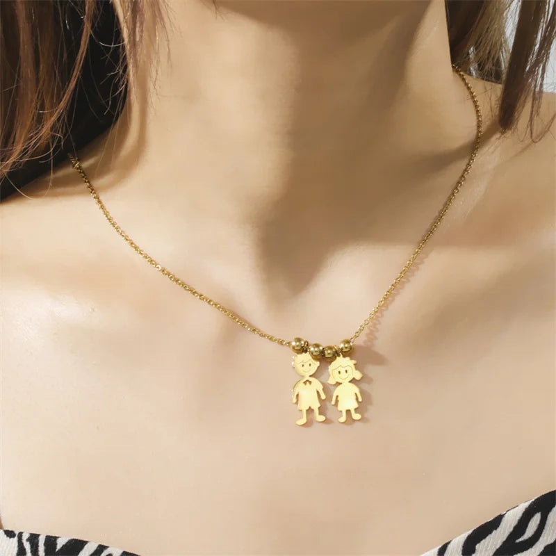 Stainless Steel Necklace Boy Girl Kids Pendant Necklace for Women Men Beads Chain Choker Family Jewelry Gift collares aesthethic