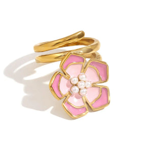 Anel Flor Esmaltada Banhado a Ouro 18K