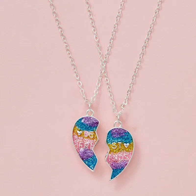 2Pcs/Set New Fashion Colorful Heart Pendant Necklace for Girl Cartoon Love Pendants Best Friend Shared Jewelry BFF Gifts